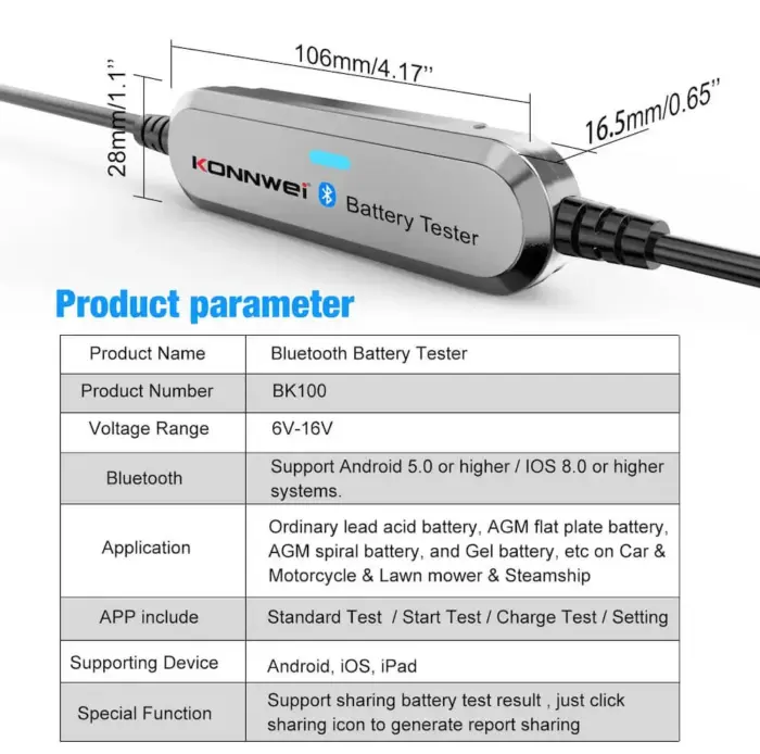 KONNWEI BK100 Bluetooth Battery Tester For 6V/12V Car Motorcycle Battery & Alternator Tester - Image 8