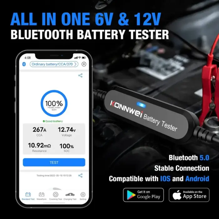 KONNWEI BK100 Bluetooth Battery Tester For 6V/12V Car Motorcycle Battery & Alternator Tester - Image 5