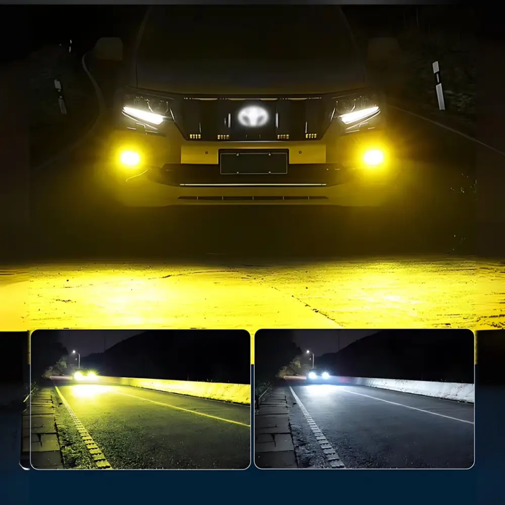 M617 fog projector in action on a vehicle, showcasing sharp and clear light beams in foggy conditions
