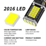 T15 W16W/WY16W Canbus Error-Free LED Bulb - 2016 SMD LEDs, 360° Illumination, Plug-and-Play - Image 2